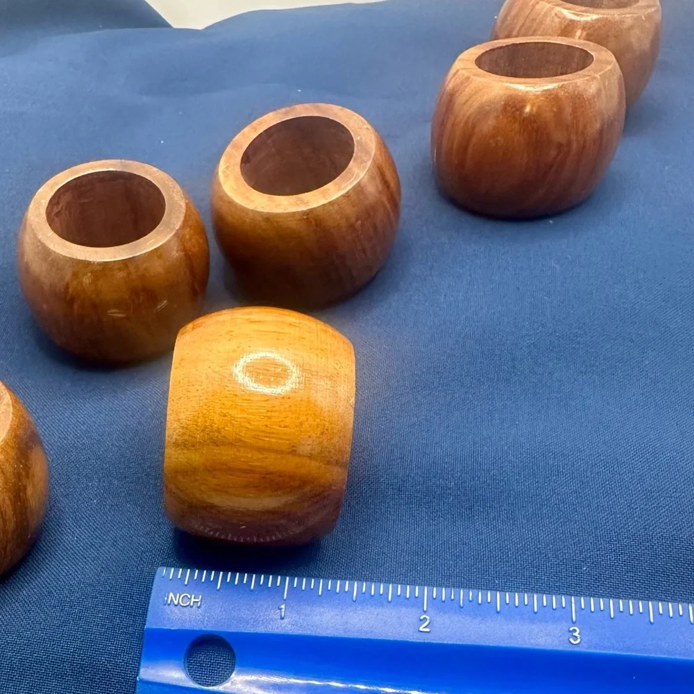 Vintage Mid-Century Modern Wooden Napkin Ring Set - 10 Piece